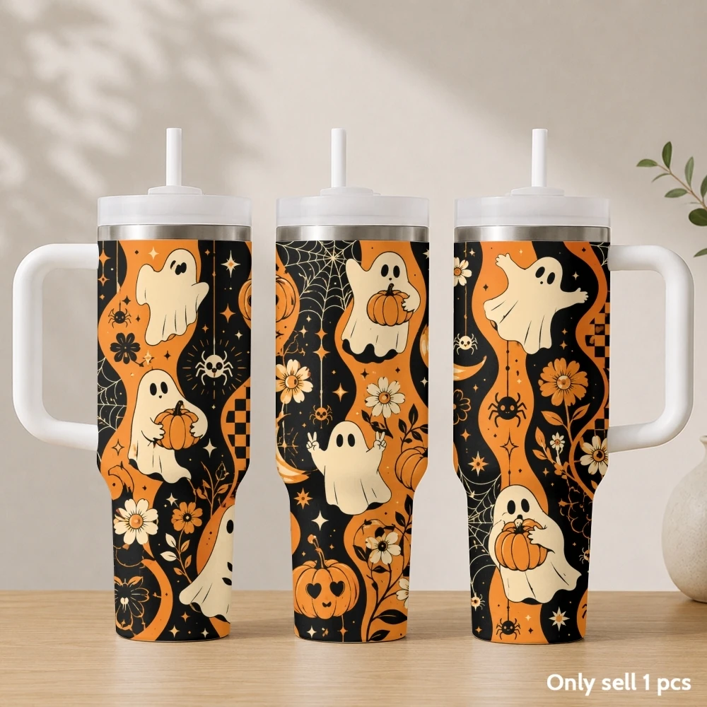 Halloween checkered pattern Vacuum Flasks 40oz Stainless Steel Insulated Tumbler with Handle & Straw Leakproof Travel Mug