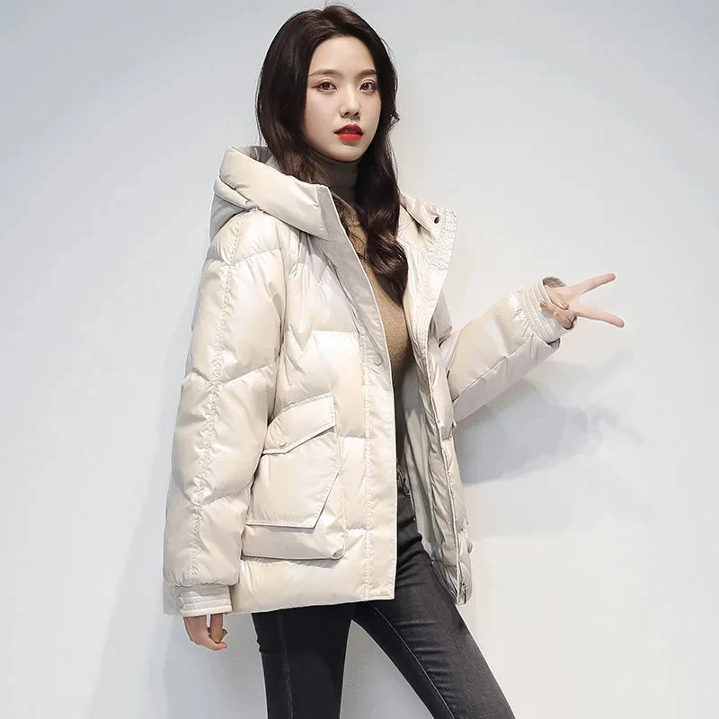 Chaqueta cálida para mujer, abrigo con capucha acolchado de algodón brillante, chaquetas informales gruesas Parker a prueba de viento y lluvia para invierno 2025