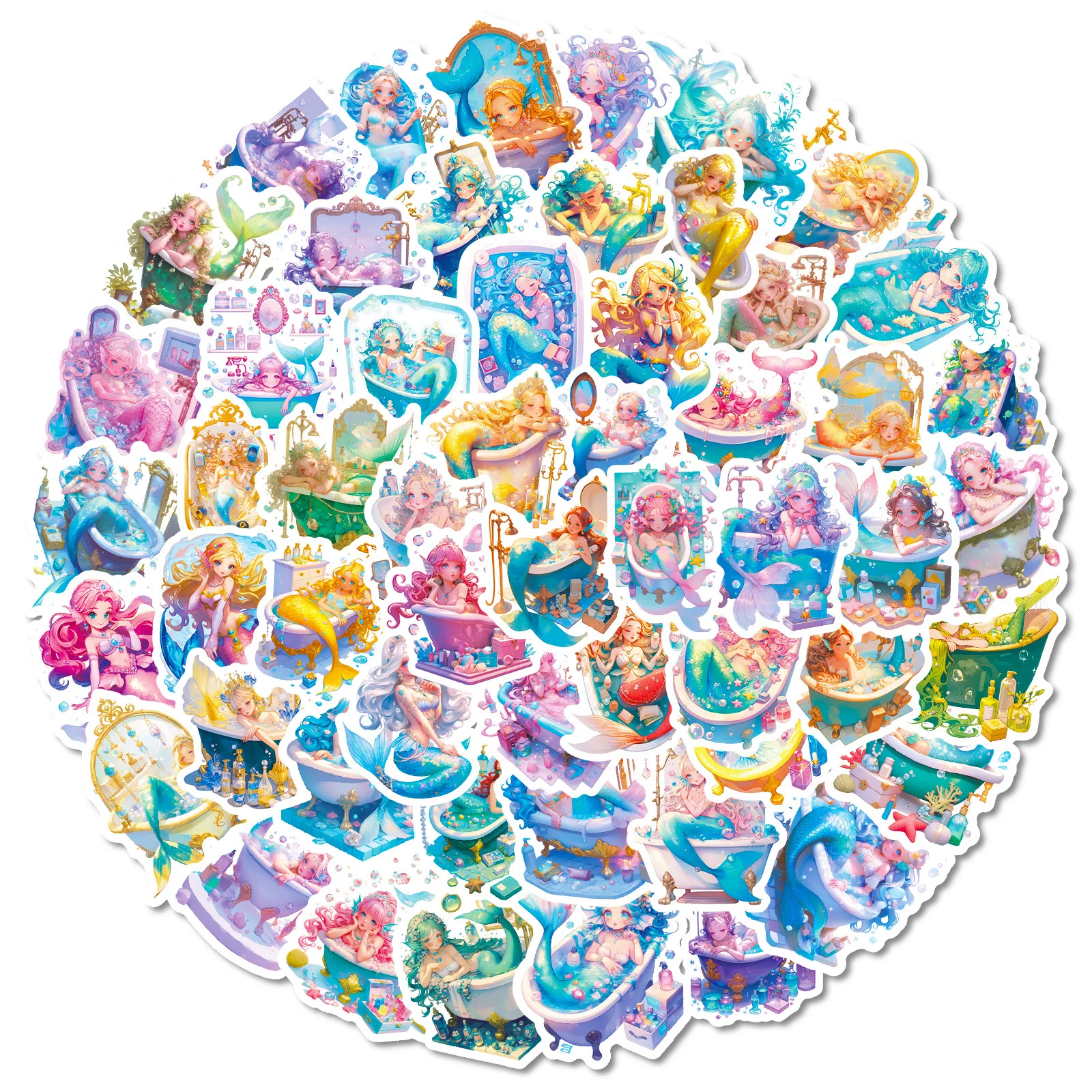 56PCS Watercolor Mermaid Stickers Waterproof Creative Cartoon Graffiti Decoration DIY Kids Toys Laptop Guitar Car Bike Decals
