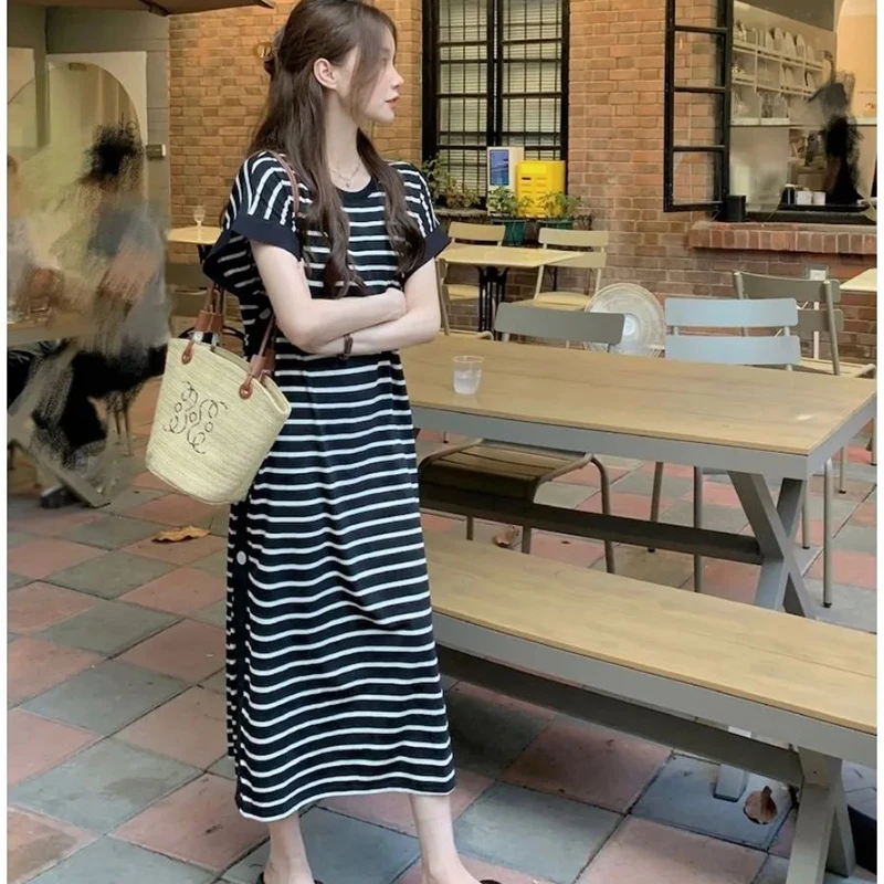 Fashion O-Neck Split Button Printed Striped Casual Dresses Female Clothing 2024 Summer New Loose Korean Short Sleeve Mini Dress