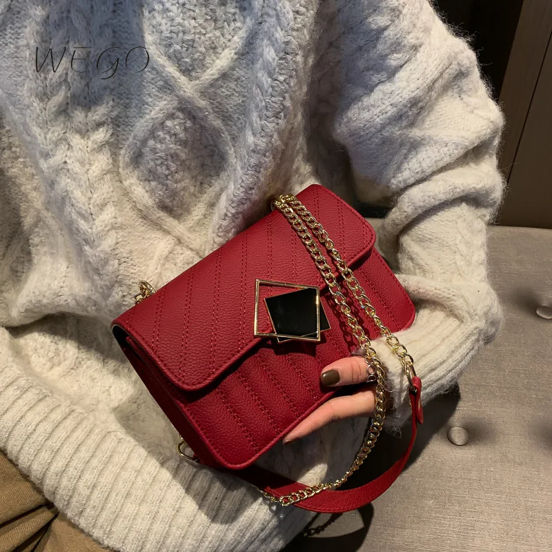 

New Rhombic Bag Chain Shoulder Single PU Handbags Flap Small Square Bag Buckle Female Chain One Shoulder Crossbody Bags