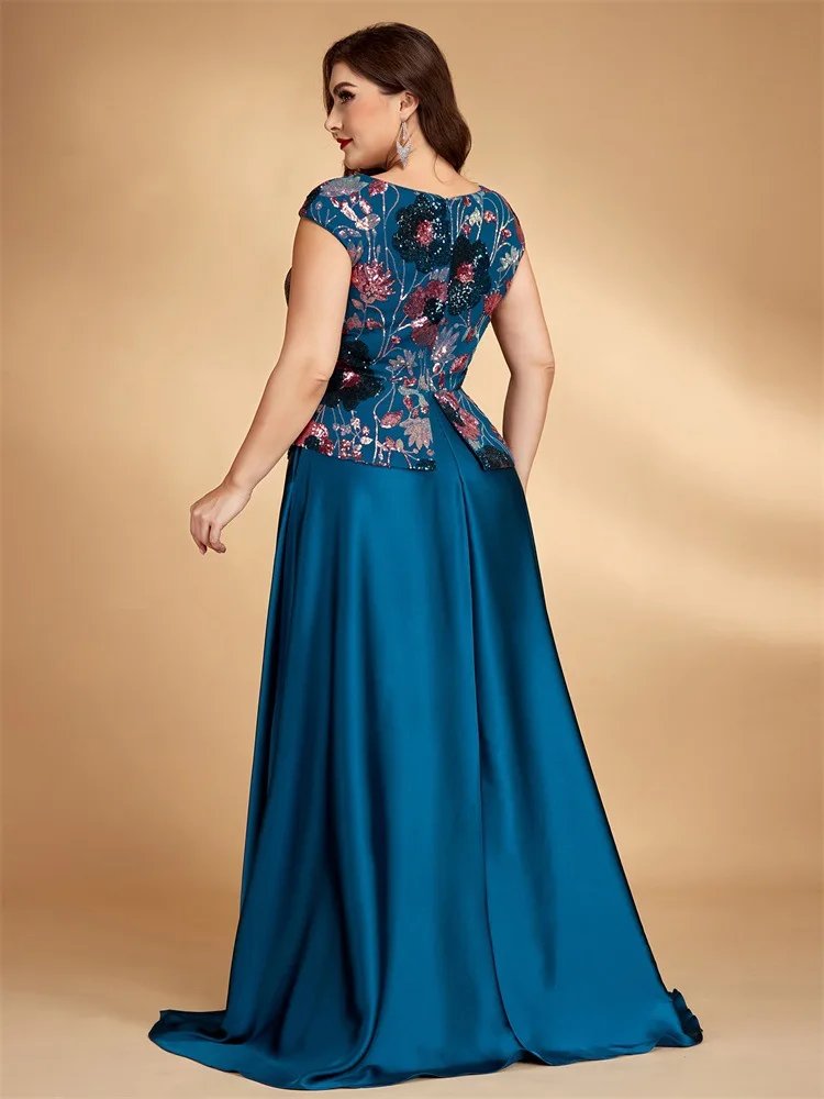 Middle East plus Size Elegant Sequined Embroidered Stitching Square Collar Cocktail Party Evening Dress Long Dress