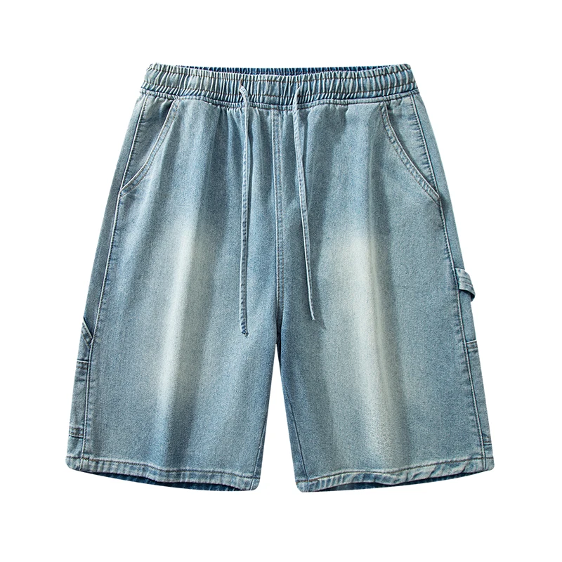 メンズストレートデニムショーツ,ルーズフィット,伸縮性のあるウォッシュドジーンズ,ベーシックスタイル