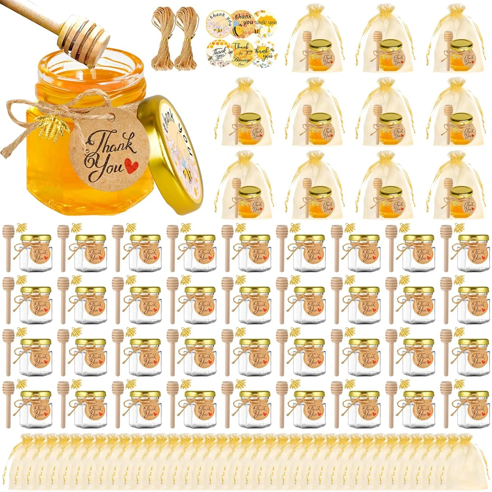 1.5 Oz Hexagon Mini Glass Honey Jars With Wood Dipper, Bee Pendants And Jutes, For Baby Shower, Wedding Favors, Party Favors