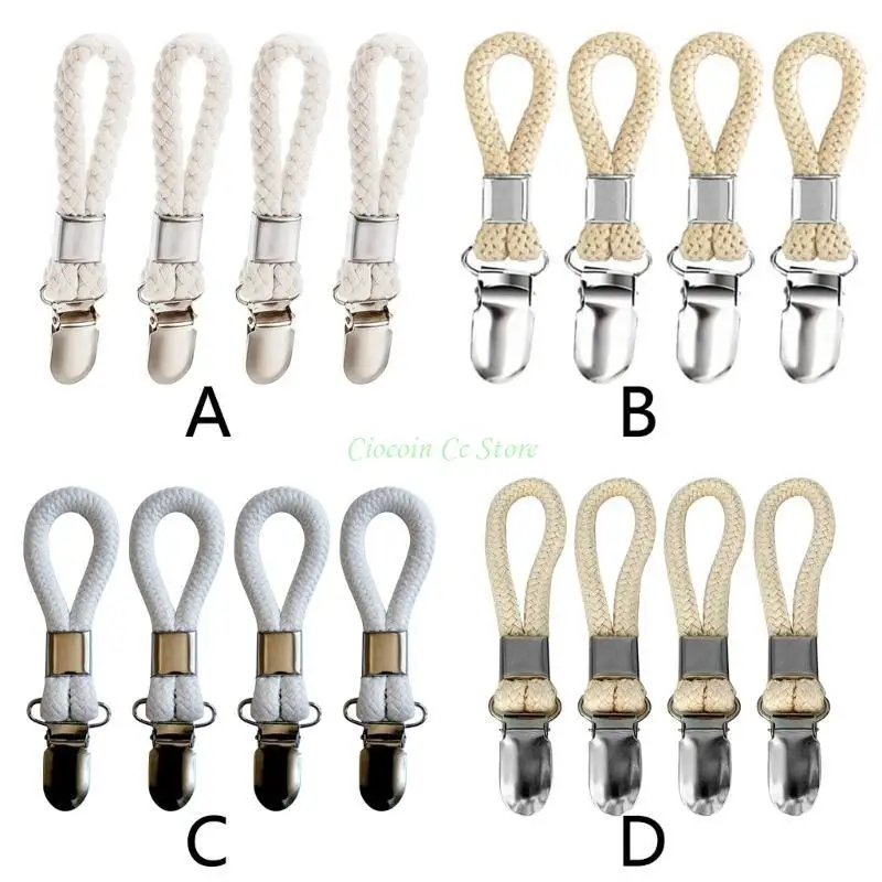 X90F 4Pcs Braided Cotton Loop Metal Towel Clips Hanging Loop Bathroom Multifunctional