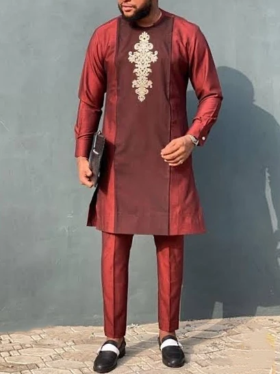 

Men's fashion casual luxury red geometric print two-piece set