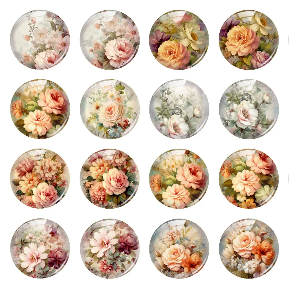 Retro Handmade Flower Round Photo Glass Cabochon Charm Demo Flat Back Cameo For Diy Jewelry Making Findings Accessories Necklace
