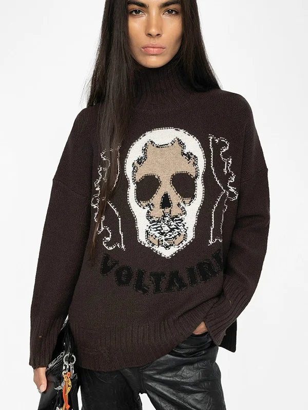 

Новый зимний свитер с высоким воротником и вышивкой в виде черепа, кашемировый вязаный свитер, женский свободный крой, мягкий хлопковый топ с длинными рукавами