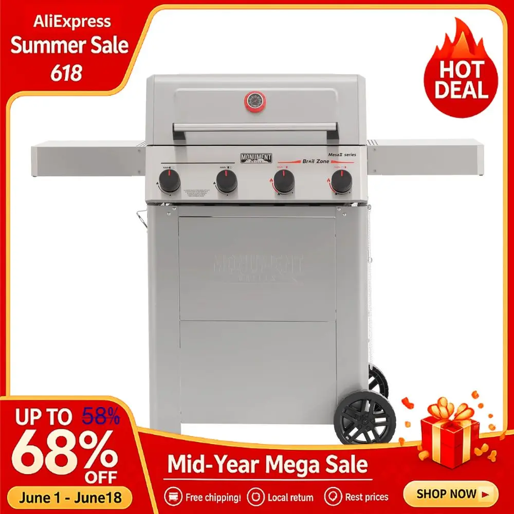 

4 Burner Propane Gas Grill with Advanced Broil Zone, Stainless Steel Outdoor Mesa 2 Barbecue Grill, Foldable Side Shelves, 500F