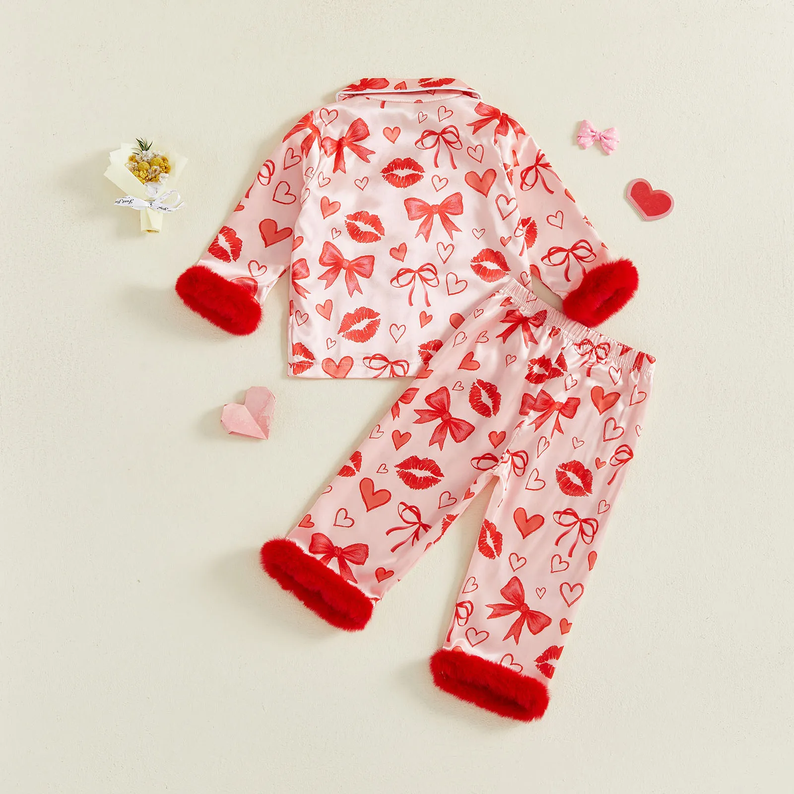 1-7Y طفل فتاة صغيرة عيد الحب منامة مجموعة طباعة الفراء تقليم زر أسفل التلبيب الخامس الرقبة طويلة الأكمام قميص بلايز السراويل Homewear