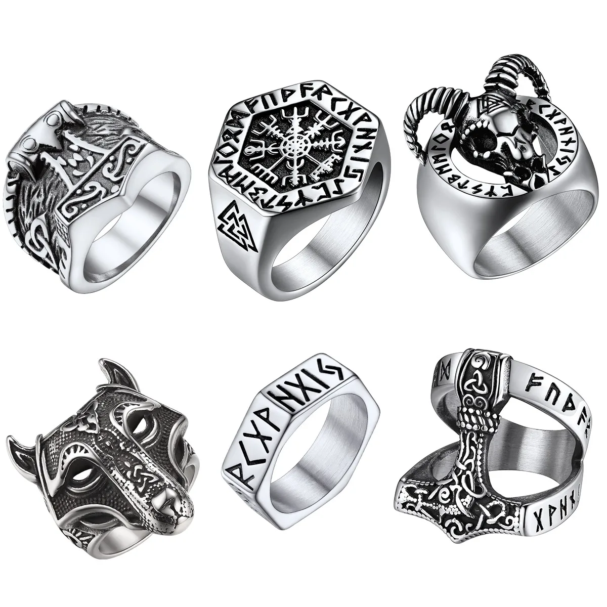 U7 Norse Viking Rings for Men Stainless Steel Runes Thor's Hammer Wolf Head Mjolnir Valknut Warrior's Amulet Gothic Jewelry