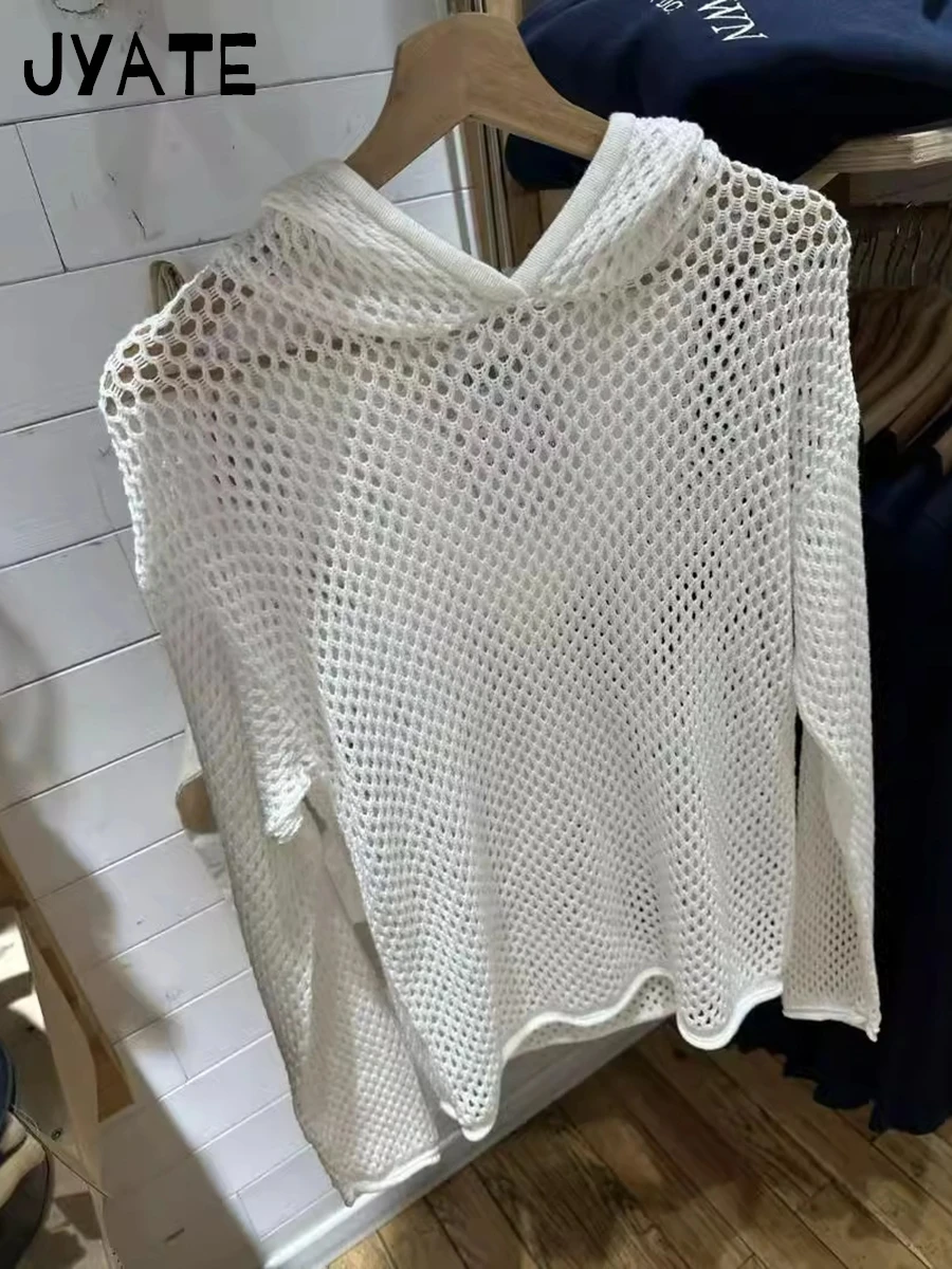 

Hole White Long Sleeve Hoodies Tops Women New Cotton Knitted Streetwear Sexy Pullover Vintage Chic Preppy Style Sweatshirts Y2K