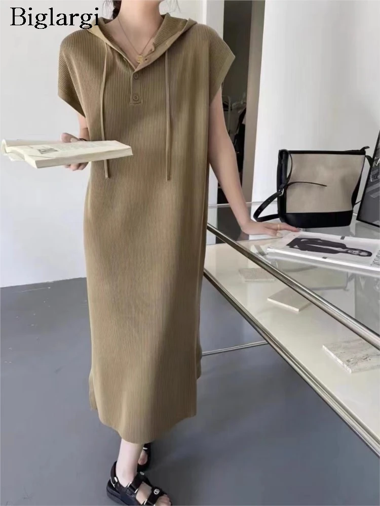 

Knitted Summer Long Hooded Dress Women Split Fashion Casual Loose Pleated Ladies Dresses Korean Style Woman Dress