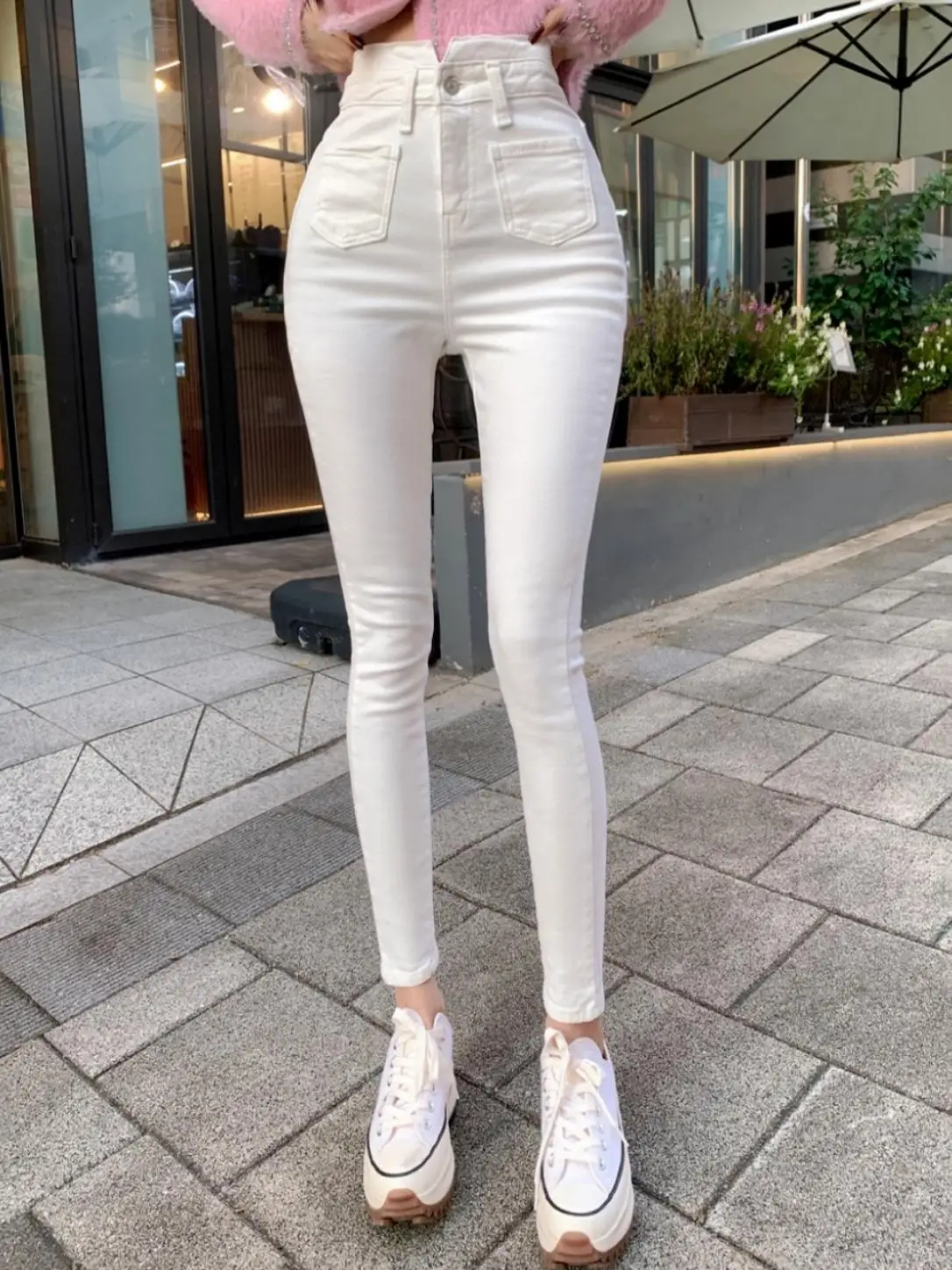 High Waist Denim Jeans Elastic Slimming Pure Color Basic Style Padded Hip Enhancing White Pencil Nine Point Slim Fit Pants