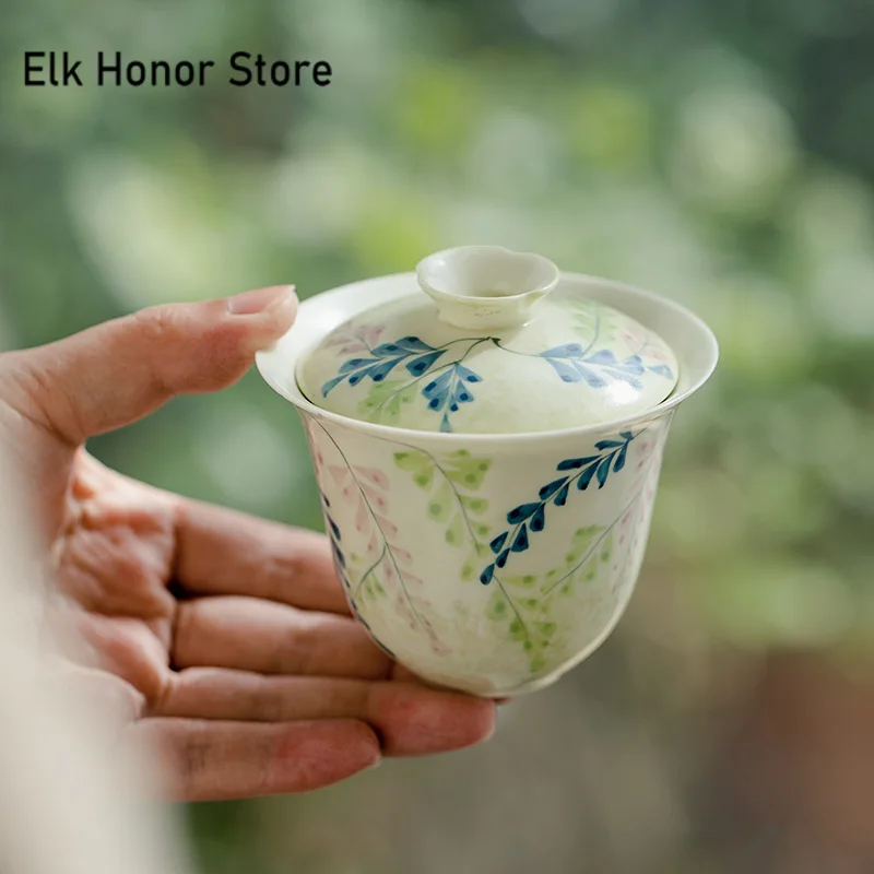 

125ml Pure Handpainted Wisteria Flower Ceramic Gaiwantea Brewing Cup Tea Tureen Household Tea Maker Cover Bowl Teaset Decoration