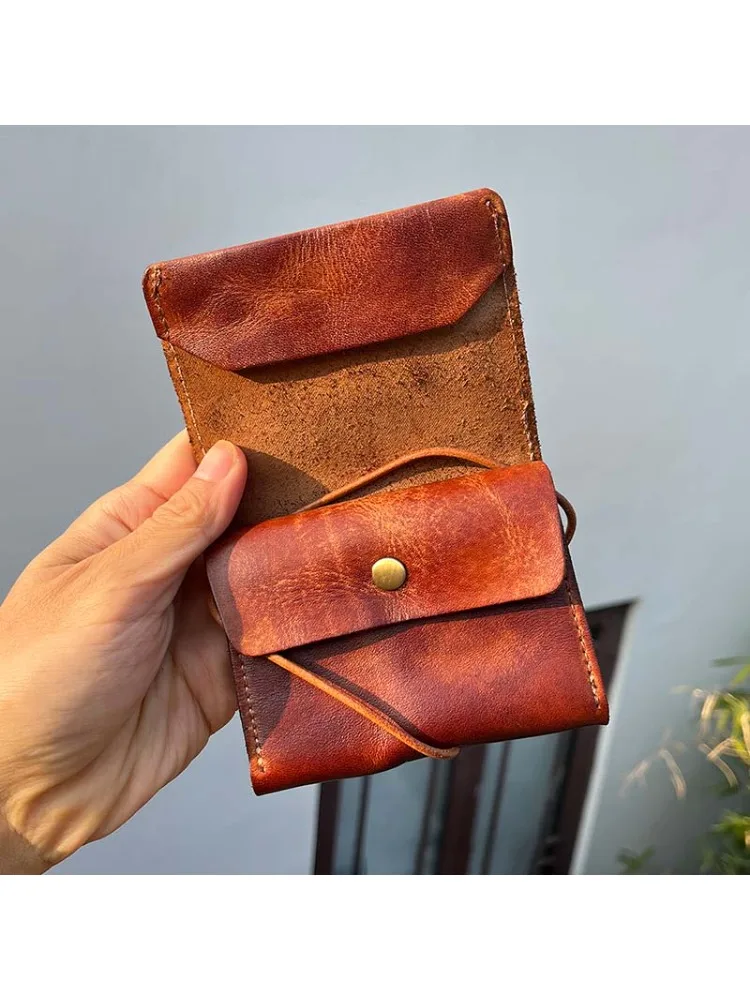 Prawdziwa skóra Retro portfel meski dla mężczyzn i kobiet Antique Distress portfele z saszetką na monety kieszeń sznurkiem krótka torebka dla mężczyzn — zdjęcie 2