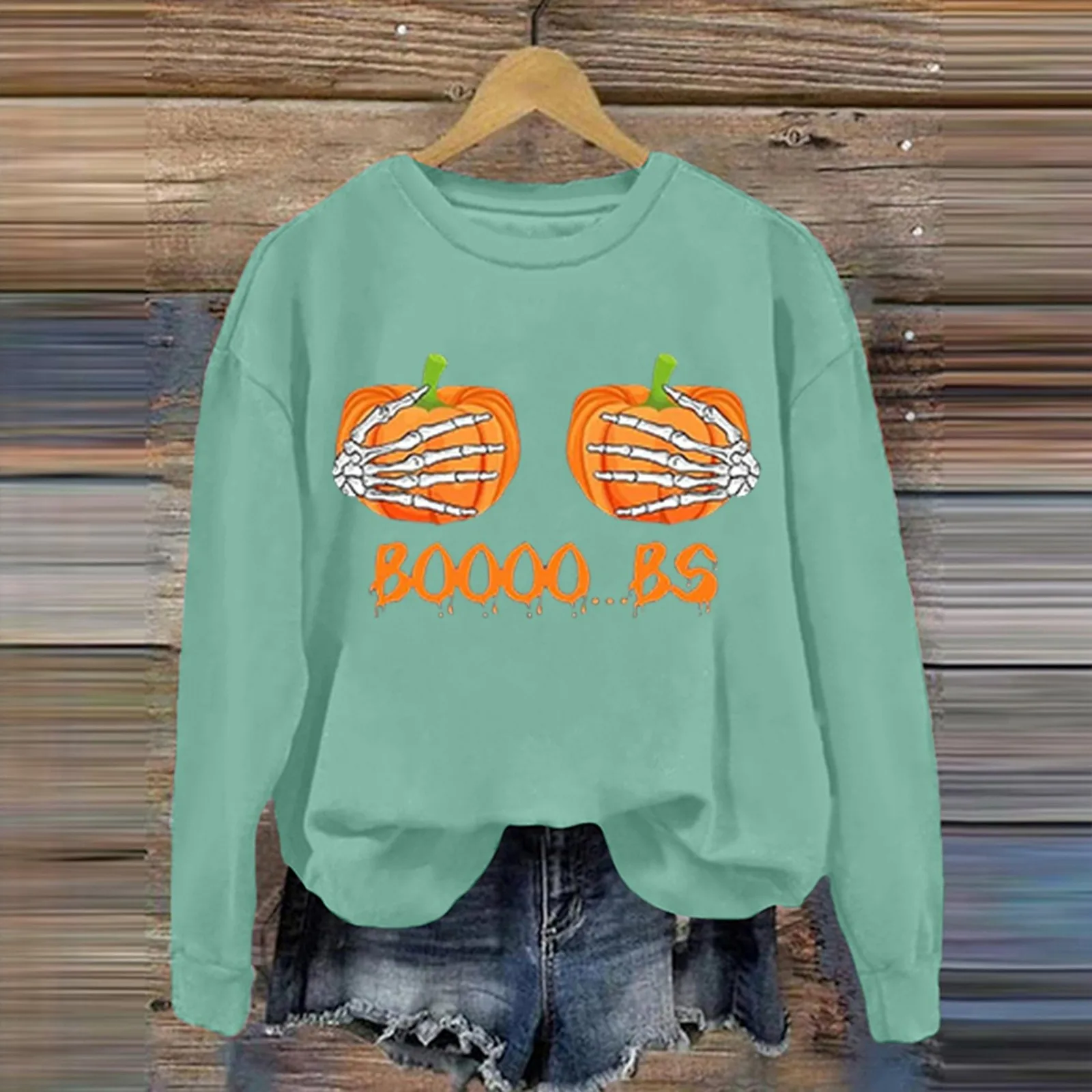 

BOOOO BS Fun Pumpkin Skull Gesture Printed Ladies Fashion Hoodie Crew-Neck Long-Sleeved Loose Casual Hoodie Sweatshirt