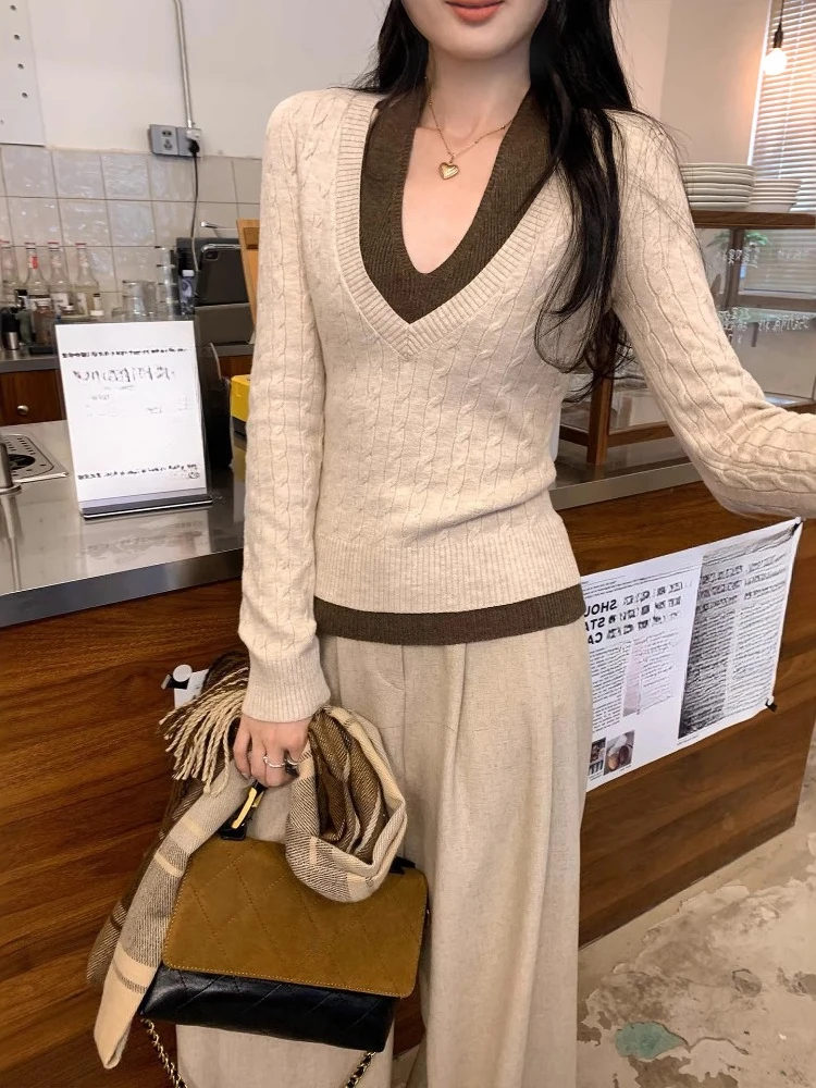 

Модная вязаная нижняя рубашка из двух предметов с цветными блоками и v-образным вырезом с длинными рукавами для женщин, новый топ на весну и осень