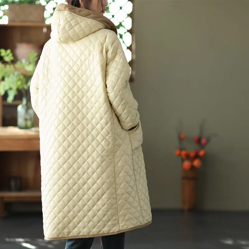 Padded Velvet Thickened Diamond Lattice Quilted Jacket Hooded Large Size Women\'s Mid-Length Winter Coat Loose Warm Casaco T676