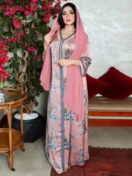 Ramadan Kaftan Dubai Luxury Diamonds Long Dresses Floral Print V-Neck Lace Tape Elegant Casual Party Dress Muslim Women Clothing