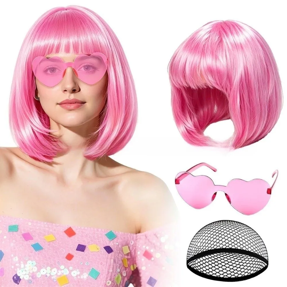 3Pcs Colorful Short Bob Hair Wig Halloween Christmas Cosplay Wig Set Party with Hairnet and Glasses Short Bangs Music Festivals