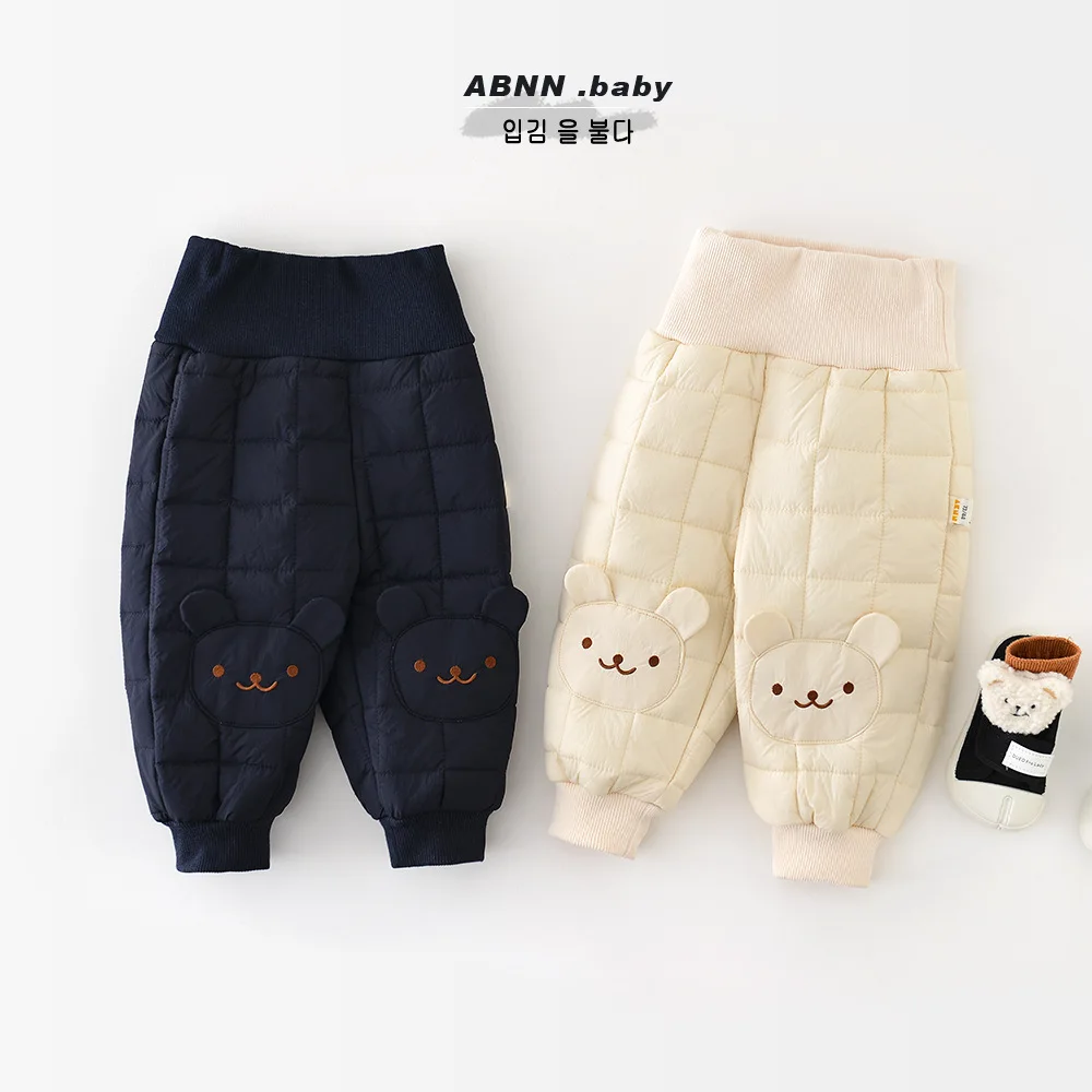 2025 Winter New Baby Fleece Warm Pants Plus Velvet Thick Infant Boy Girl Cartoon Bear Trousers Toddler Thicken Casual Pants