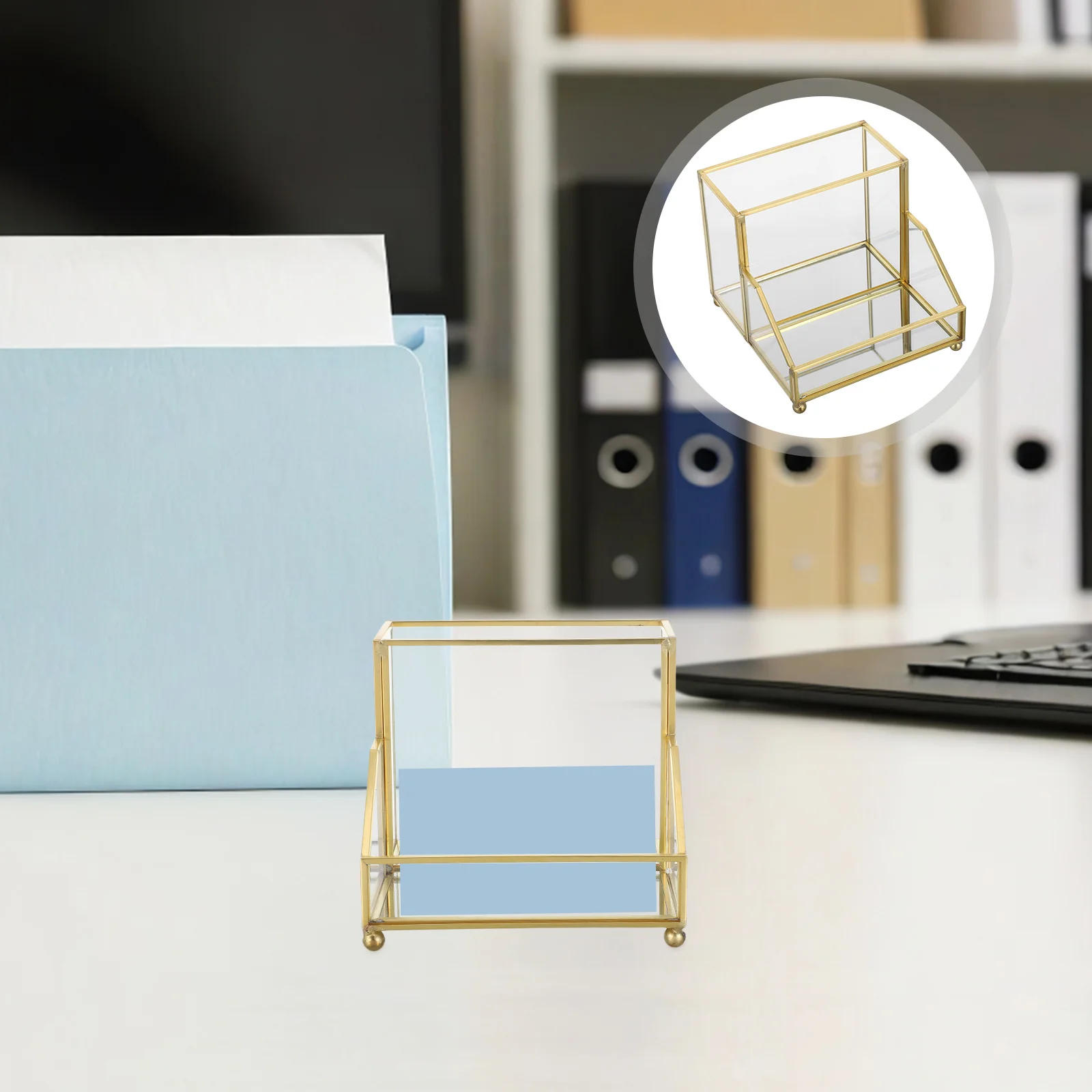 

Business Card Box Organizer Elegant Golden Edge Frame Vertical Desktop Display Stand Name Card Holder Office Storage Container