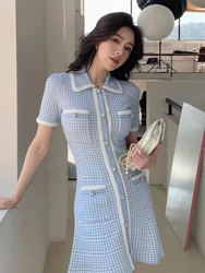 Elegant Fashion Mini Women 2023 New Butterfly French Luxury Fragrant Summer Blue Plaid Knit Dress Vestidos