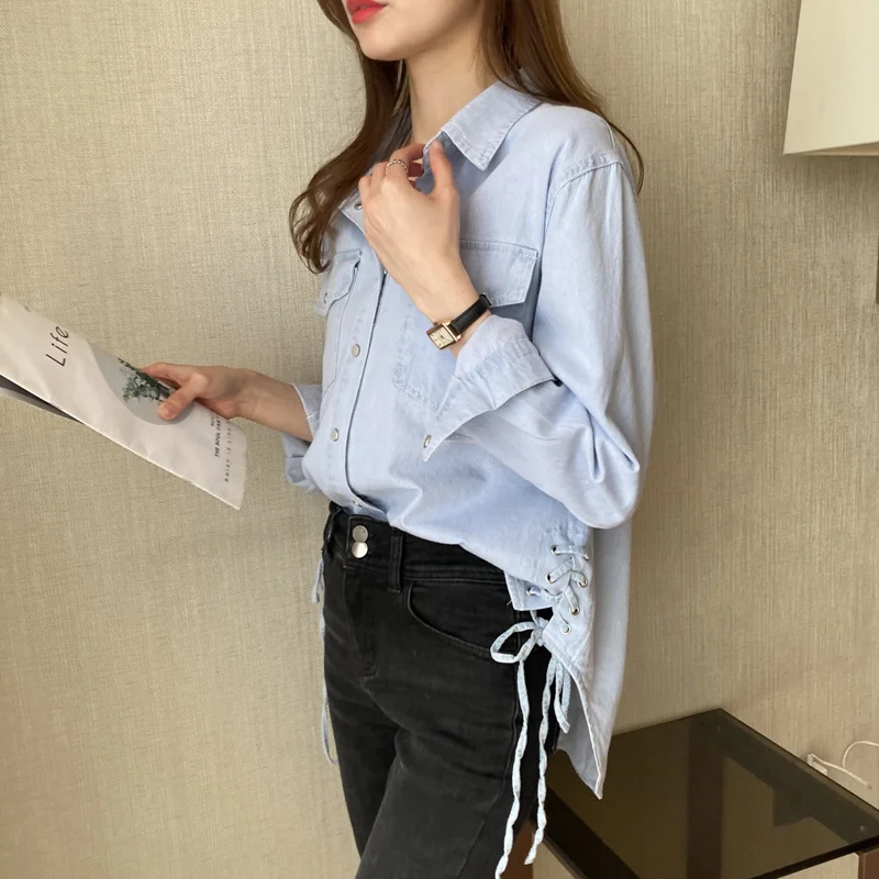 #3122 Light Blue Asymmetrical Denim Shirt Women Long Sleeve Vintage Office Jeans Shirts Side Bandage Womens Tops And Blouses