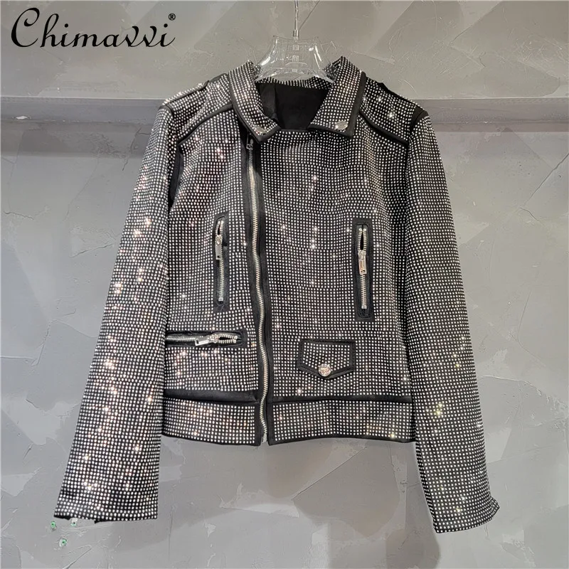 

Autumn New Fashion Heavy Full Diamond Hot Diamond Oblique Zipper Jacket Street Clothing Long Sleeve Short Coat Jackets Women