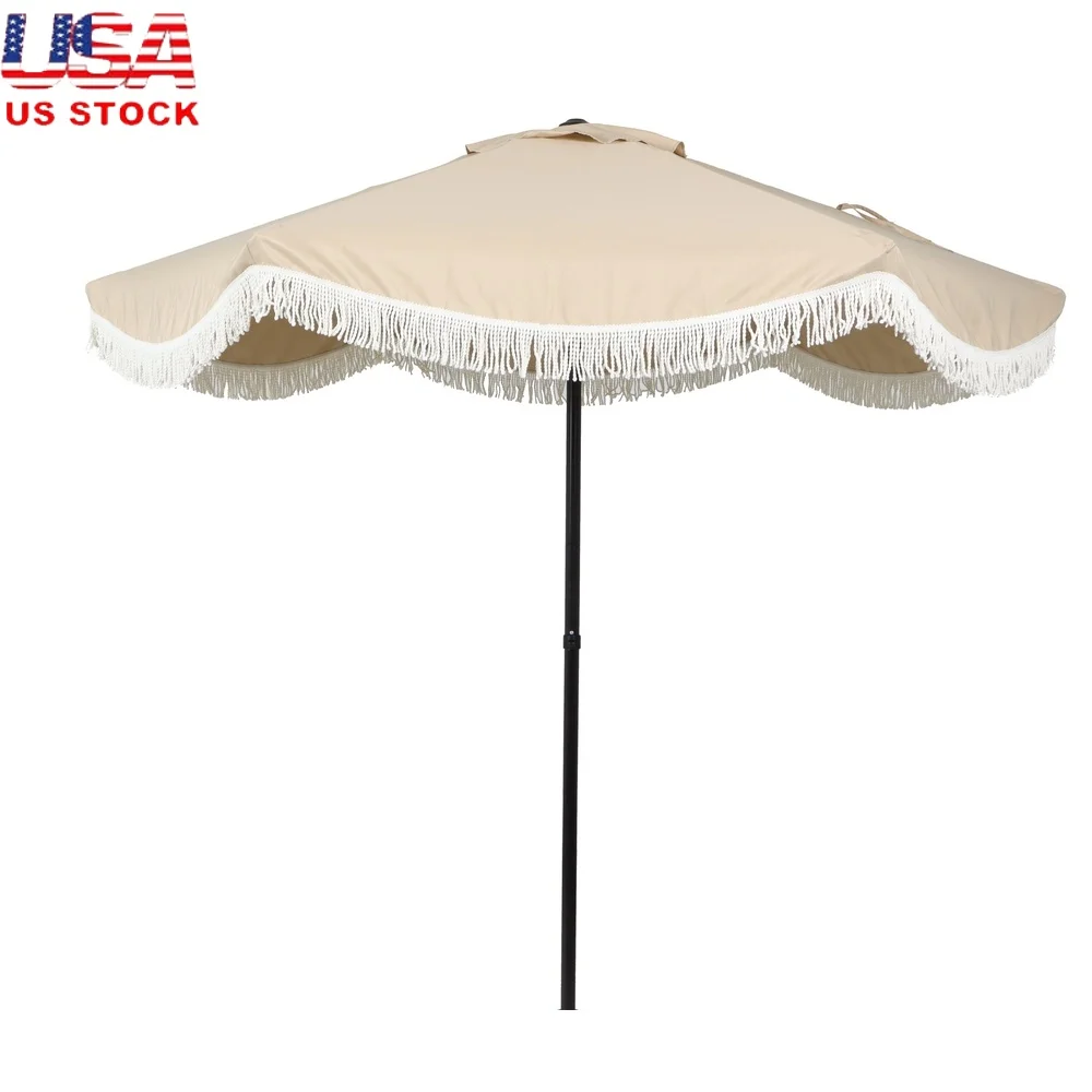

7.5ft Beige Scallop Patio Umbrella with Cream Fringe Fade Resistant Canopy Push Up Function Durable Steel Frame Outdoor Market
