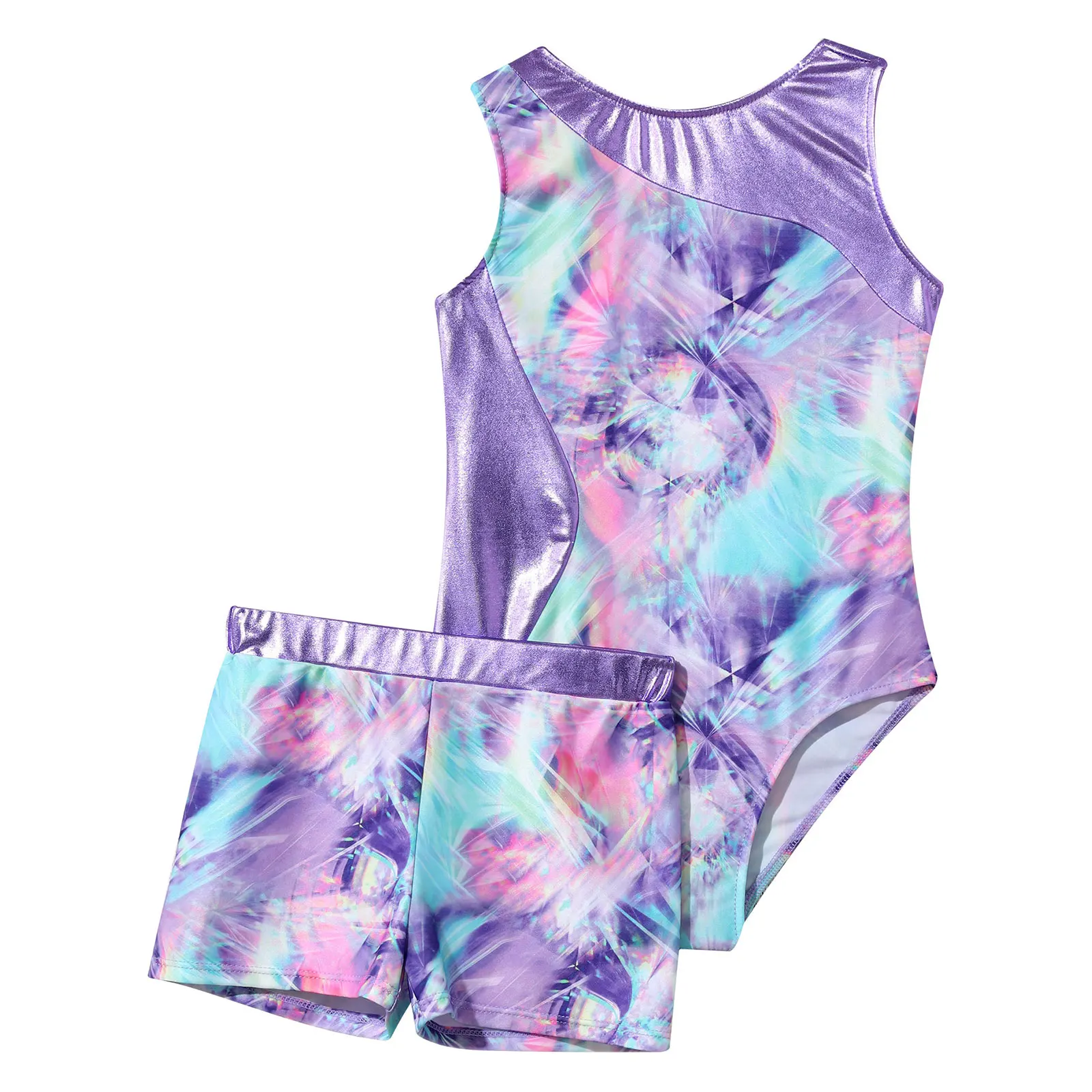 Kids Girls Printed Gymnastics Leotard Outfit 2Pcs 2024 Sleeveless Patchwork Jumpsuit+Shorts Suit Ballet Dance Costume Activewear