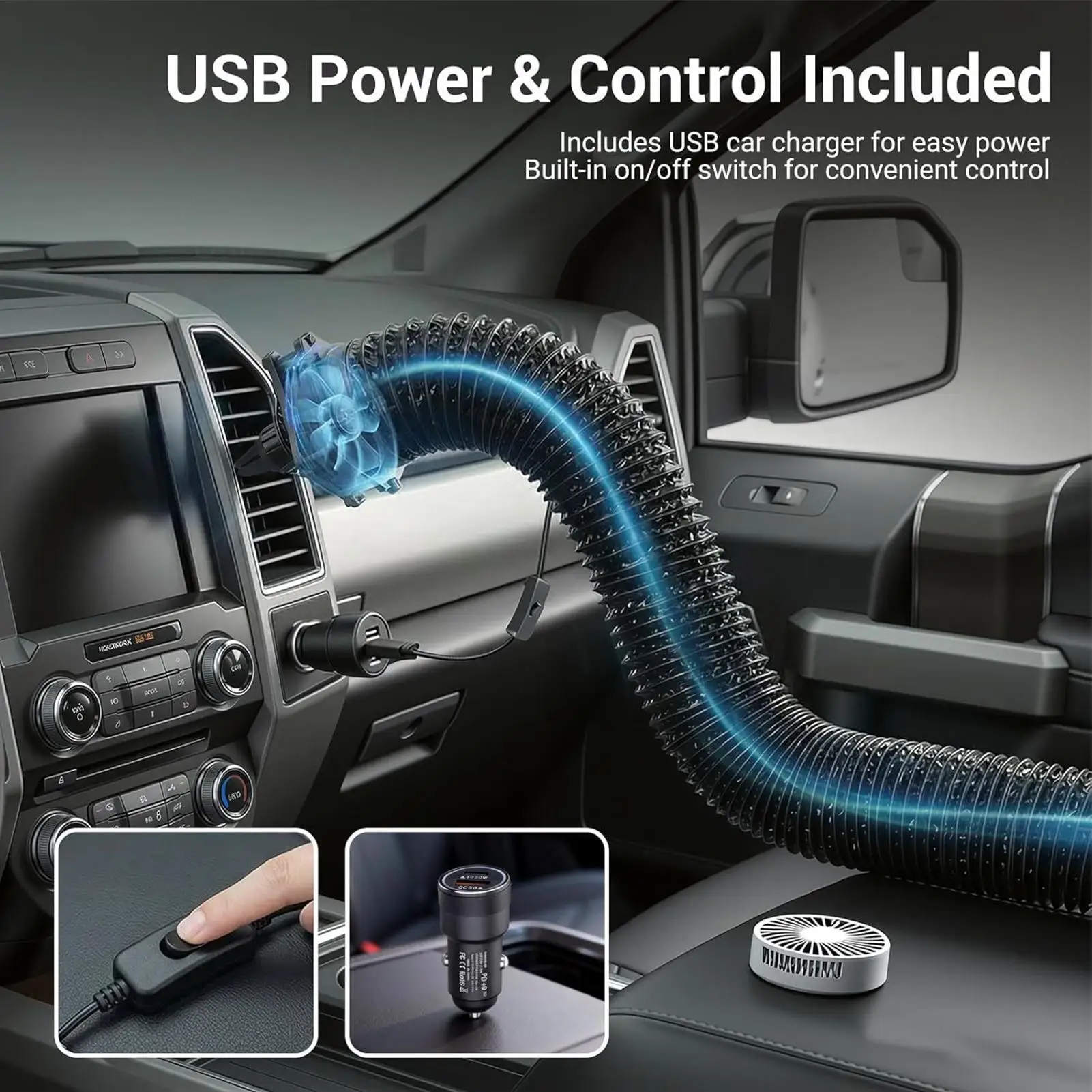 AC Vent Extender for Car Back Seat with USB Airflow Fan Heat-Resistant 3 Meter Back Seat AC Tube for Kids Pets SUV Truck Sedan view 3