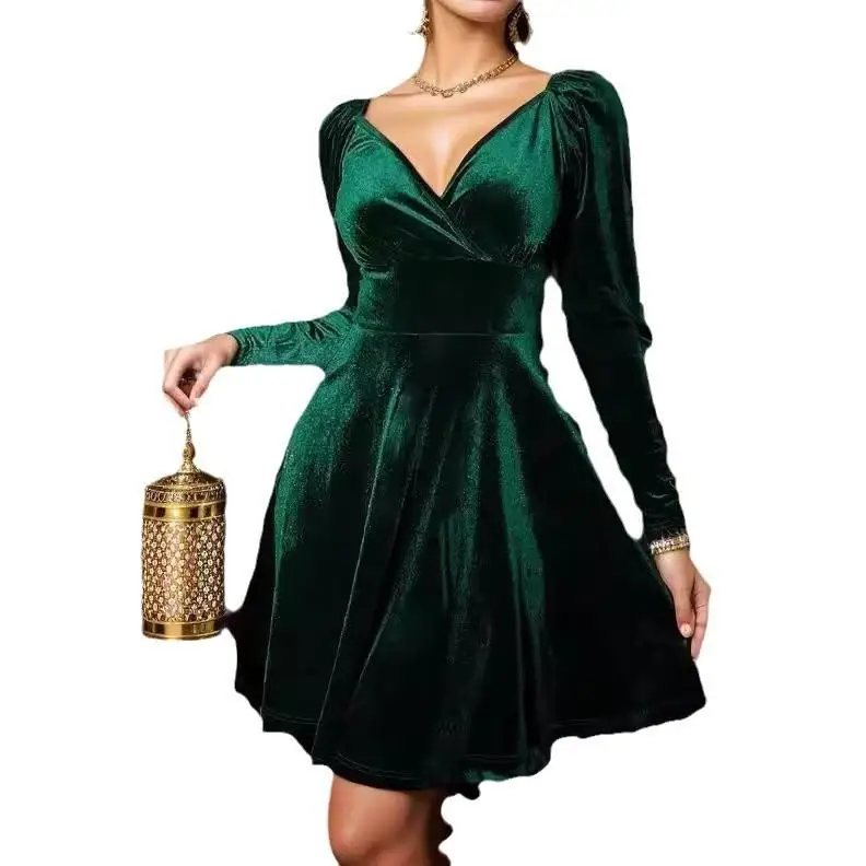 Femmes longue Sve velours Dr t-shirt taille moyenne a-ligne jupe Polyester tissu Busin décontracté Faion automne Dr