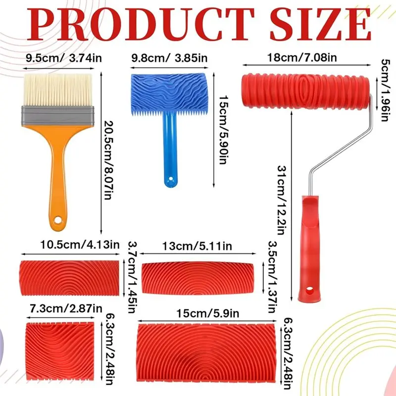 مطاط DIY لأدوات طلاء الحبوب الخشبية، مجموعة أدوات الحبوب الخشبية مكونة من 7 قطع، أسطوانة طلاء خشبية صناعية مقاس 7.08 بوصة لغرفة الحائط Art-B9 #6