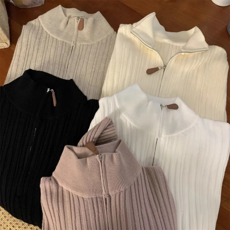 

Women Clothing Spring Autumn Fashion Casual Screw Thread Solid Color Stand-up Collar Female Knitting Zipper Sweater Pullovers