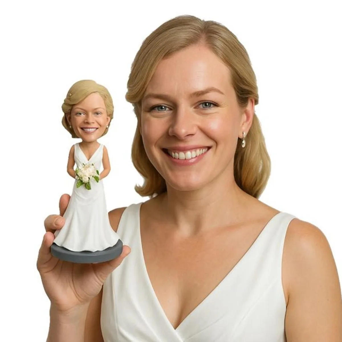 

Персонализированная фигурка-бобблхед на заказ по фото: невеста из глины в длинном свадебном платье, подружка невесты, подарок для свадебной вечеринки