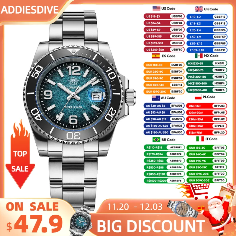 ADDIESDIVE 2025 New Men's Watch Diving 41mm Quartz Wristwatch 200m Waterproof Ceramic Bezel Super Luminous Swim Watch