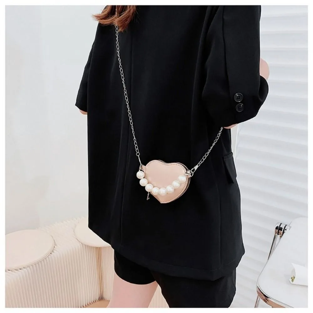 Heart Shape Design Shoulder Bags Fashion Solid Color Chain Strap Crossbody Bags Pearl Handle Chain Bag Ladies