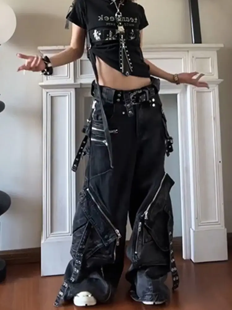 

American High Street Multi-Pocket Zipper Work Pants Women Summer New Design Slim Versatile Wide-Leg Floor Trousers