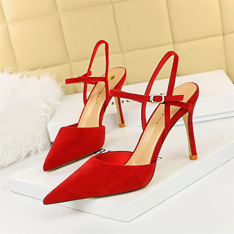 

Women Buckle Strap Sandals New Summer Black Red High Heels Wedding Concise Flock Pointed Toe Stiletto Party Single Shoes