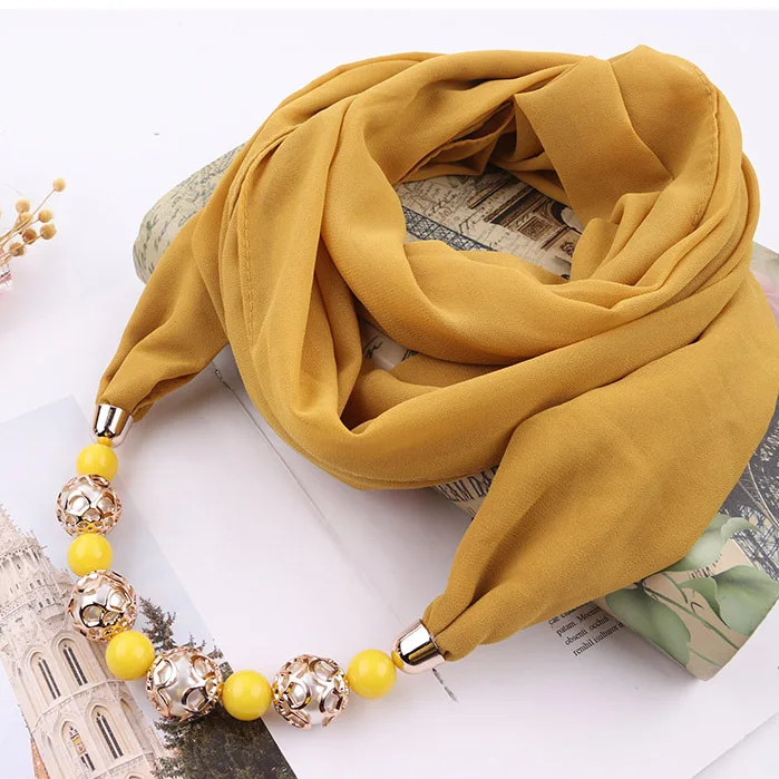 

Fashion Head Scarves Solid Color Chiffon Beads Scarf Necklace For Women Maxi Statement Necklaces Jewelry