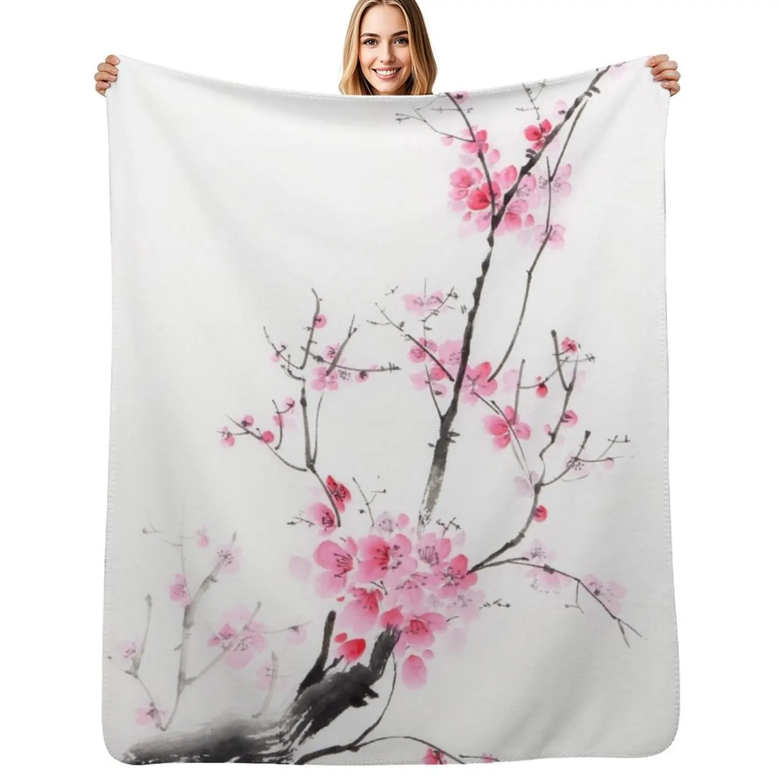 

Delicate sakura branch with pink blossoms Japanese Zen sumi-e painting on white rice paper art print Throw Blanket Hair Blankets