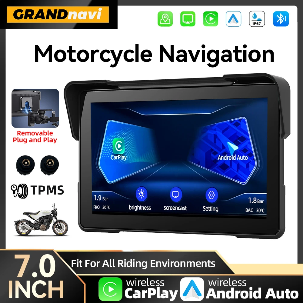 

7inch Wireless CarPlay Moto Portable Motorcycle Dashboard IP67 GPS Navigation Display Detachable Bracket Android Auto Monitor