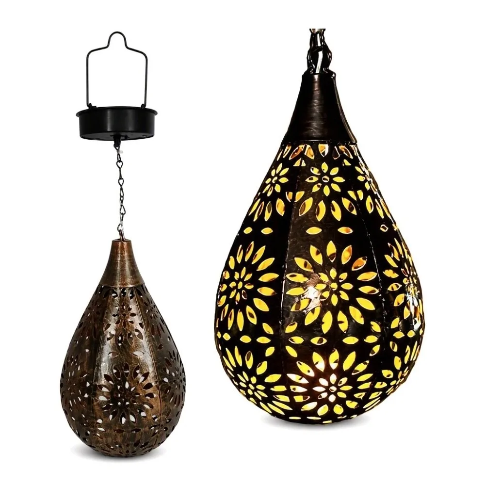 Hollow Iron Solar Hanging Lanterns Copper Color Moroccan Style Outdoor Solar Chandelier Easy Installation Rechargeable
