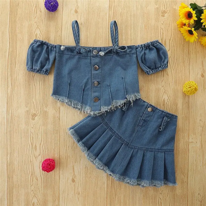 2026 Summer New Girls Set Young Kids Off Shoulder Ruffle Strapless Vest Top Denim Shorts Casual Two Piece Set