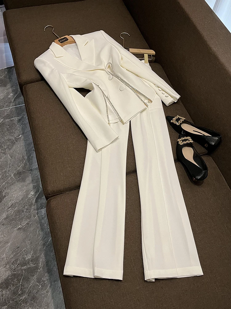 

Star Quali Faionable Diamond в полоску с разрезом и прямыми брюками, комплект из двух предметов, женская одежда Ele Profional