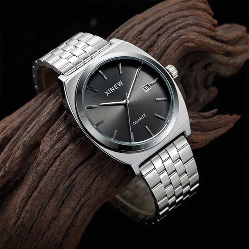 

Original XINEW Big Brand Men Watches Casual Stainless Steel Band Date Quartz Watch Silver Montres de Marque de Luxe Reloj Hombre