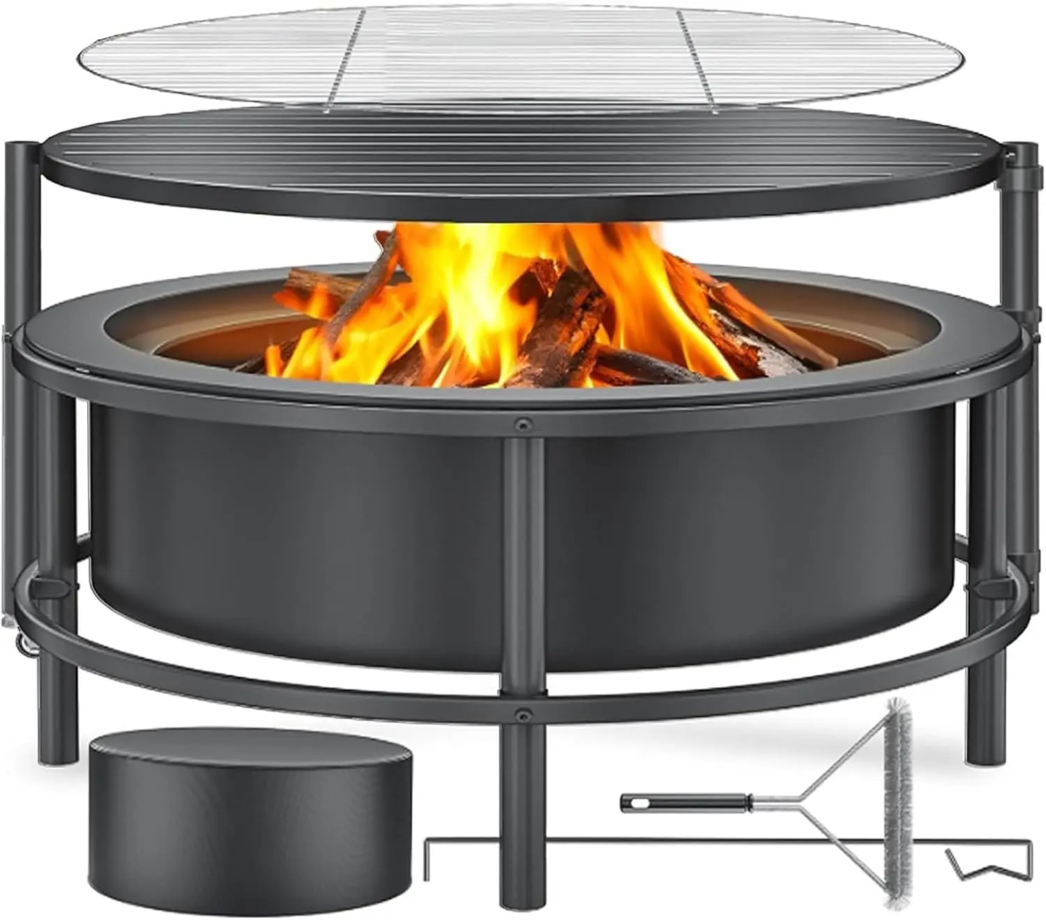 52 Inch Outdoor Fire Pit with 26 Inch Rotating Table, 21 Inch Grill Grate, Spark Guard, Poker and Dust Cover for Patio Backyard Camping