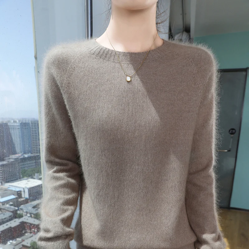 DjzDsm Women's Autumn/Winter New Knitted Top Pullover Thickened Warm 100% Mink Cashmere Long Sleeve Basic O-neck Sweater